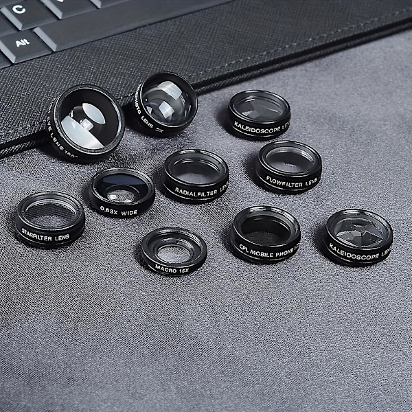 Apexel 10-i-1 Telefonkameraobjektivkit Vidvinkel/Makro/Fisheye/Teleobjektiv/CPL/Flow/Radial/Stjärnfilter/Kalejdoskoplins [DB] Black