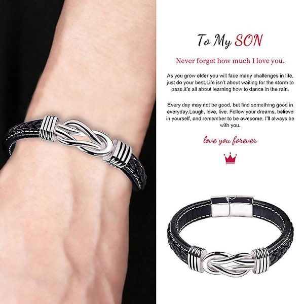 Til min søn Armbånd, elsker dig for evigt flettet læderarmbånd Mænds flettet læder knude armbånd DB