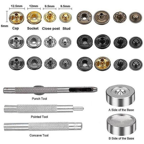 120 sett trykknappverktøysett, metallknapper knapper skinnhåndverk nagler trykknapper, 12,5 mm skinn