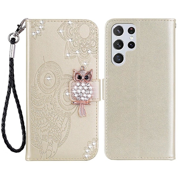 Til Samsung Galaxy S24 Ultra Wallet Case Ugle Blomst Trykt Rhinestone Læder Cover - Rød {db} Gold Samsung Galaxy S24 Ultra