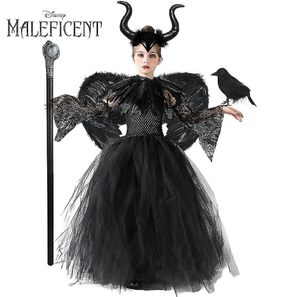 Kid Maleficent Svart Kjole Halloween-kostyme Gotisk Mørk Heks Dronning Jenter Tutu-kjole med fjær Kapp Evil Queen Fairy-kostyme [DB] Beige 6-7Y