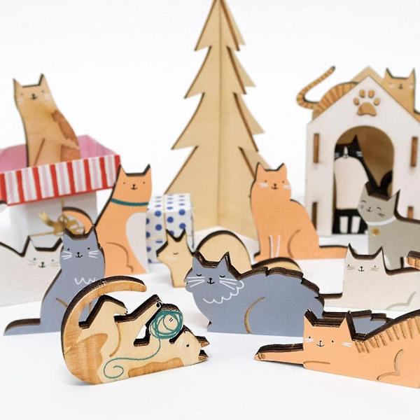 Katt-Adventskalender Resväska, 2022 Trä Skog Adventskalendrar, Perfekt Djurleksak Till Julen