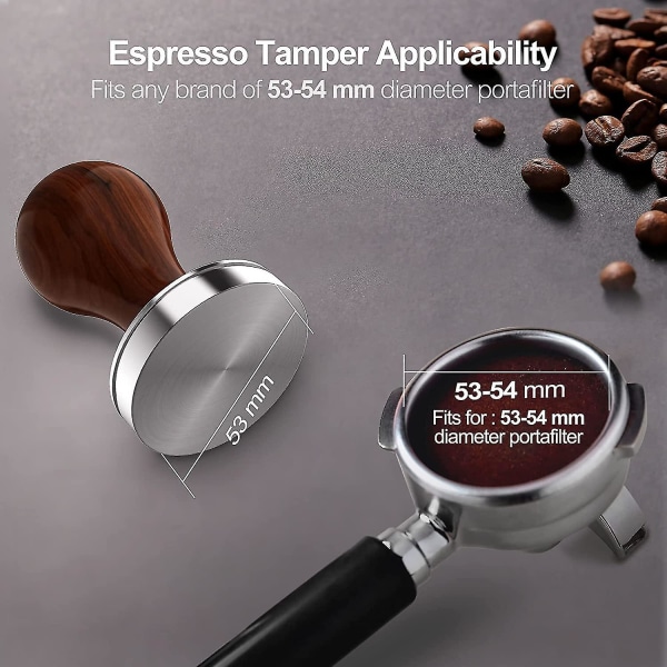 53 mm espressomatris, gjord av bas i rostfritt stål och högkvalitativt handtag i massivt trä, kaffekvarn för kaféer och kaffeälskare, kaffetrampdyna