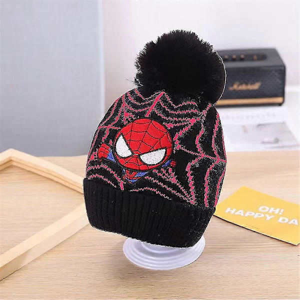 Pojkars Spiderman Pom Pom Beanie Hattar Vinter Varma Stickade Hattar Skidmössa DB Black