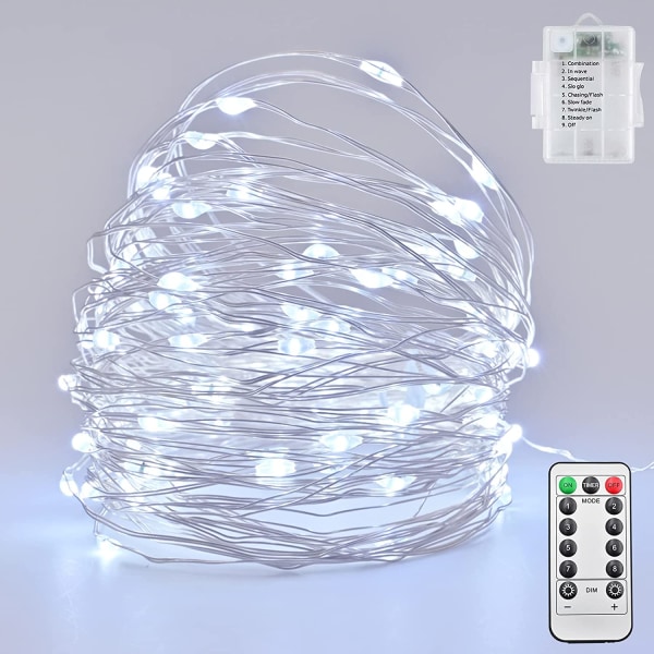 Fairy Lights -akkukäyttöinen, 10m 100 kuparilanka LED-valosarja kaukosäätimellä ja 8 tilaa sisätilojen ulkokäyttöön