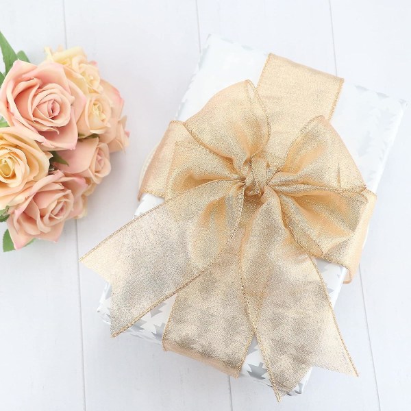 Champagne Gold Wired Ribbon 2-1/2 Inch Copper Ribbon With Wired Edge Gold Lurex