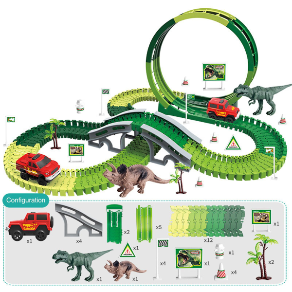 Fleksibelt dinosaurleketøy-sporsett med broer, ramper og elektriske bil-lekesett for småbarn db A3