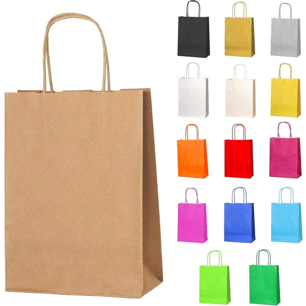 Små papir-festtasker, gave- og sødeposer med drejehåndtag - brun - 150x210x80 mm