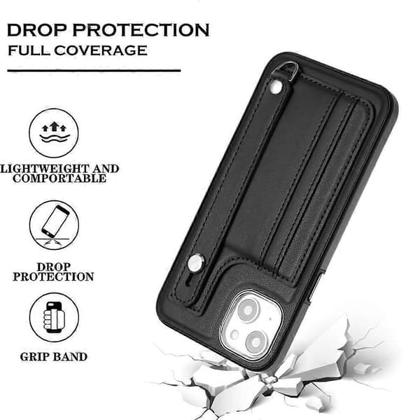 Stødsikkert læder telefoncover med håndledsrem [DB] Black For iPhone 14