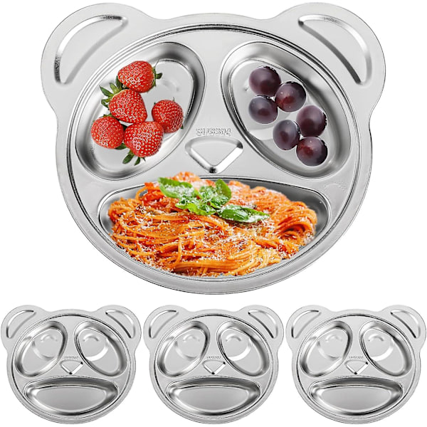 Set med 4 Delade Barnmattallrikar i Rostfritt Stål, 3 Fack Okrossbara Mattallrikar för Barn, Söta Pandaformade Delade Tallrikar för Kräsna Ätare db