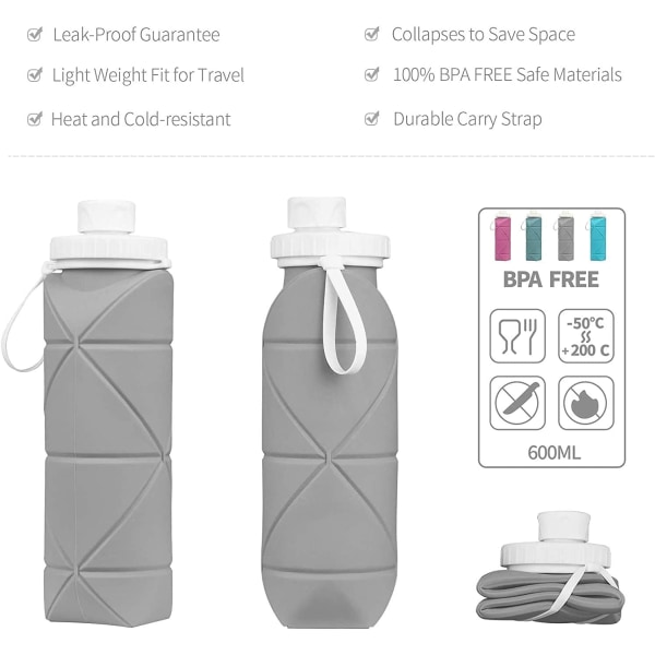 Kokoontaitettavat vesipullot vuotamattomat venttiilit uudelleen käytettävät BPA-vapaat silikonittomat taitettavat vesipullot - harmaa