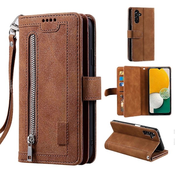Til Samsung Galaxy A26 5G Etui PU Læder Telefon Cover med Lynlås Pung 9 Kort Slots - Sort [db] Multicolor Brown