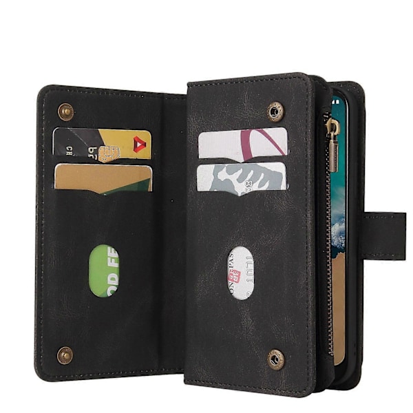 Kompatibel med Nokia G50 5G PU Lær Magnetisk Lukking Femten Kortspor Glidelås Lommebok Telefonveske [DB] Black