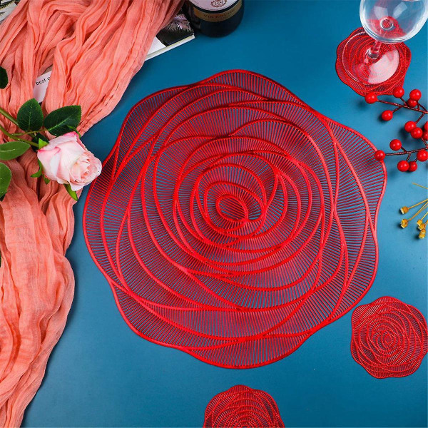 6stk røde dekkebrikker og bordunderlag Presset vinyl 15 tommers rose runde bordbrikker Spisebordmatter Dinni
