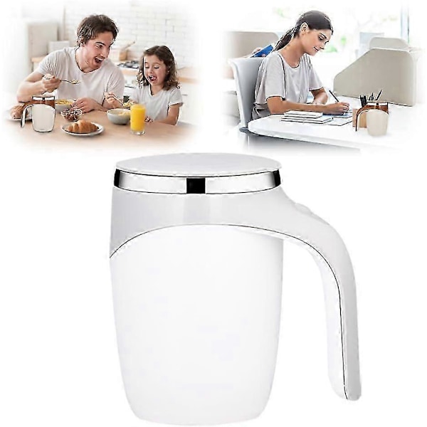 Automatisk Magnetisk Självrörande Kaffemugg, Självblandande Kaffekopp i Rostfritt Stål med Lock för Kaffe, Mjölk db White