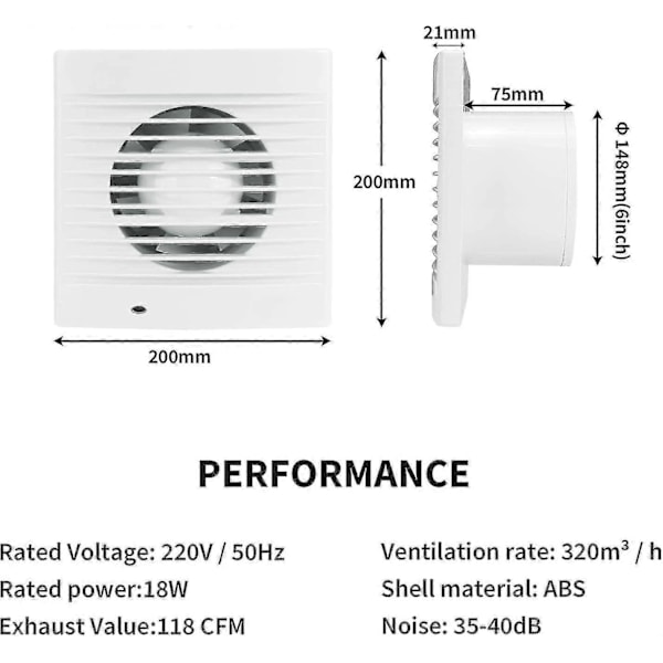 150mm 18w 320m/h Udstødningsventilator Med Tjekventil Og Kædekontakt, Vindue Og Vægfans Til Køkken Badeværelse Drivhus Garage -6 Tommer {Db}