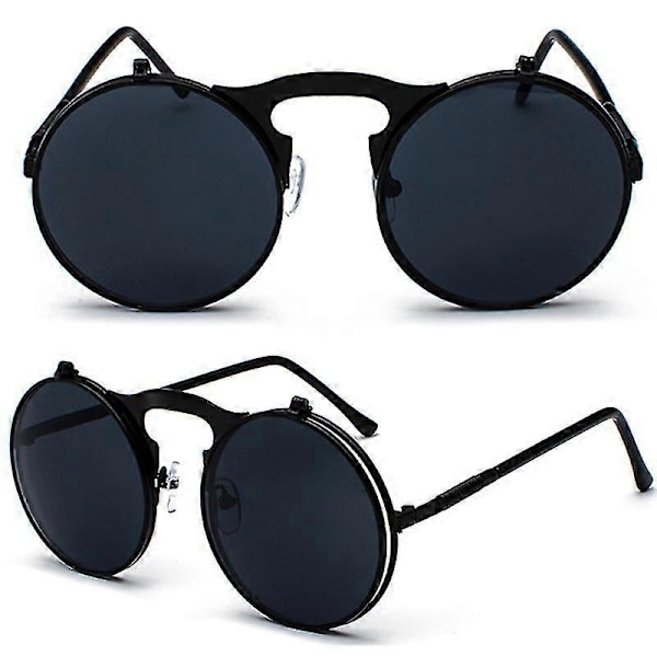 Miesten Naisten Retro Käännettävät Pyöreät Steampunk-aurinkolasit Suojalasit Pyöreät Aurinkolasit Vintage-silmälasit [DB] Black Frame Black Lenses