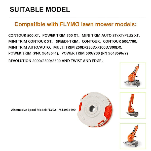 Siima Flymo Contour 500XT / Power Trim 500XT -ruohonleikkureihin, puola FLY021 / 513937190 DCQW [db] Multicolor 8pcs