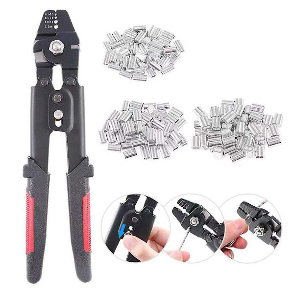 1 Stk Wire Rope Crimping Tool Fiske Crimping Tool med 180 stk Aluminium Dobbelt Tønde Ferrule Crimping Loop Sleeve Tube