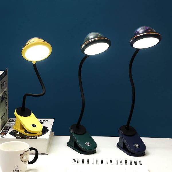 Klämlampa för barn, USB uppladdningsbart ledklämma läsljus med stjärnprojektion, svanhalslampa vid sängen, 360 Touch-dimming (blå)