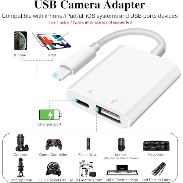 USB-kameraadapter med laddningsport, bärbar USB-hona OTG-adapter kompatibel med iPhone iPad, iPad till USB-adapter Plug and Play stödjer DB