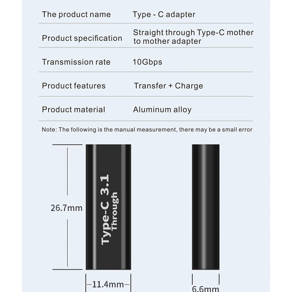 USB C hona-till-hona-adaptrar (2), stöder snabbladdning och dataöverföringsexpansion, hastighet på 10 GBbps