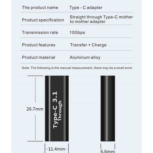 USB C hun-til-hun adaptere (2), understøtter hurtig opladning og dataoverførsel, 10GBbps hastighed