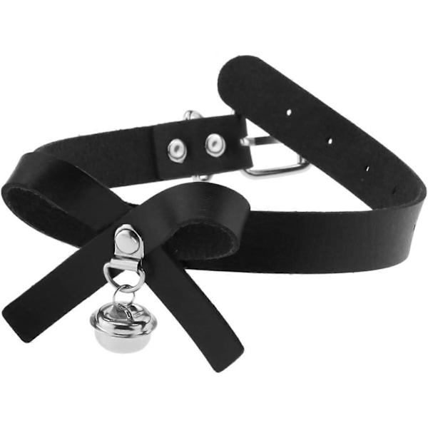 Svart Läder Fluga Halsband med Bjällra, Justerbart PU Halsband med Kedja Koppelsats [DB]