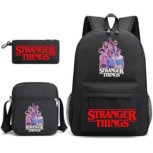 Stranger Things Ryggsekk Tredelt Sett Student Skoleveske Lerretsveske Y DB Black