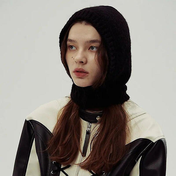 2024 Högkvalitativ Ull Kvinnors Stickad Mössa Balaclava Hatt Höst Vinter Hattar Koreansk Designer Varm Pullover Snood Hatt Krage Bonnet DB Black 56-59cm