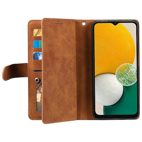Til Samsung Galaxy A26 5G Etui PU Læder Telefon Cover med Lynlås Pung 9 Kort Slots - Sort [db] Multicolor Brown