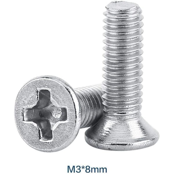 100 stk. M3 fladhoved pan skruer forsænket hoved skruer maskinskruer Ss304 rustfrit stål bolt (8mm)