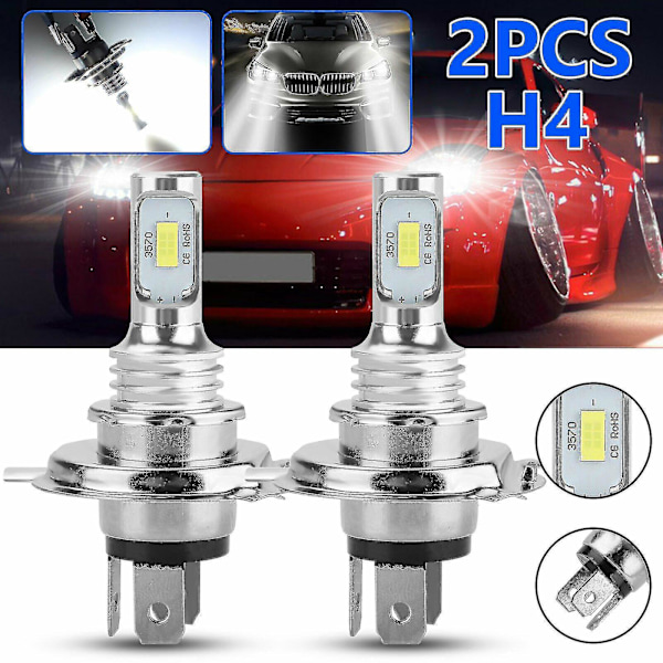 2 X H4 9003 Hb2 6000k Super Hvit Csp Led Hovedlys Pæresett DB