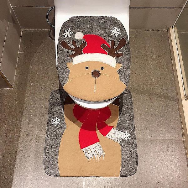 Juletoiletbrætbetræk, 2 stk. Elg Toiletbrætbetræk, Julemand Toiletbrætbetræk og Måtte, Julebadtilbehørssæt {Db}