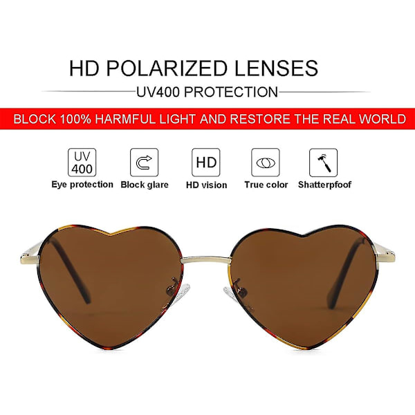 Polarisoidut sydänmuotoiset aurinkolasit naisille, tyylikäs ja kaunis metallikehyksinen malli, UV400-suojaavat linssit {Db} Tortoise Brown