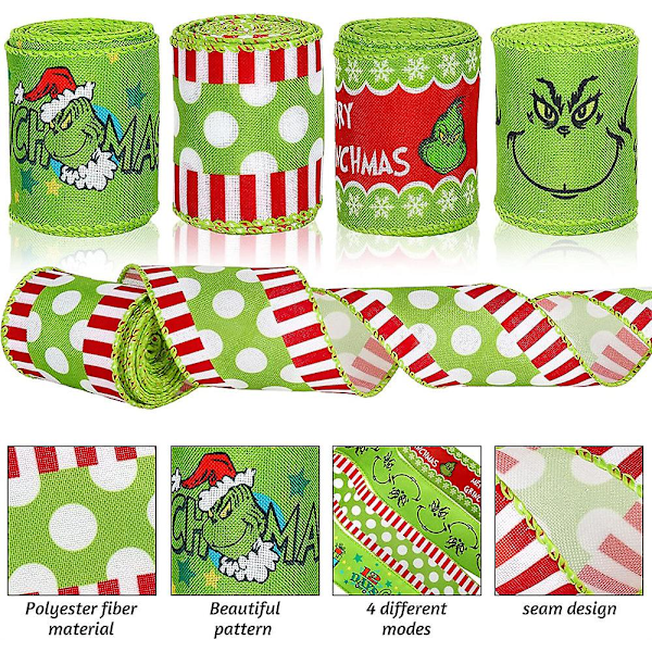 Grinch Julebånd - 4,5 m 2,5 tommer Julegave Grinchs Innpakningsbånd, Pynt til Juletre Krans Sløyfer BD A