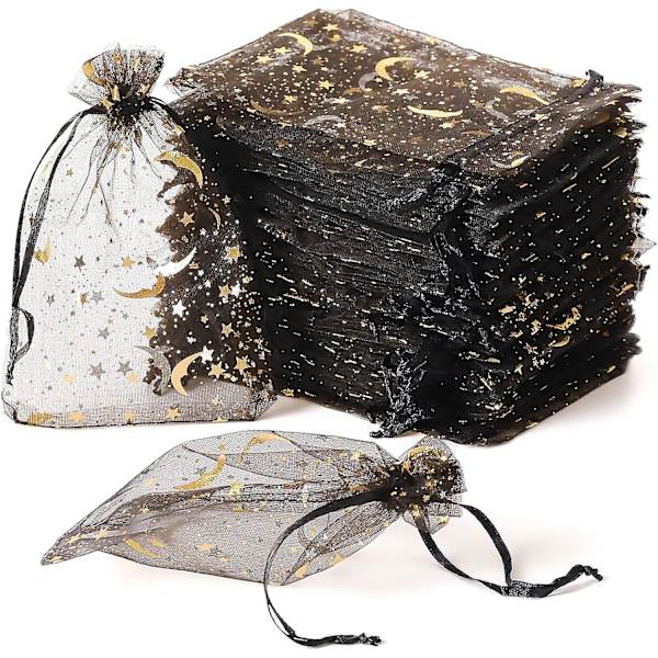 100 kpl Kuun ja Tähden Organza-pusseja, 11*16cm Hääsuosiopusseja Nyörillä, Mustat Organza-suosiopusseja Lahjapusseja DB
