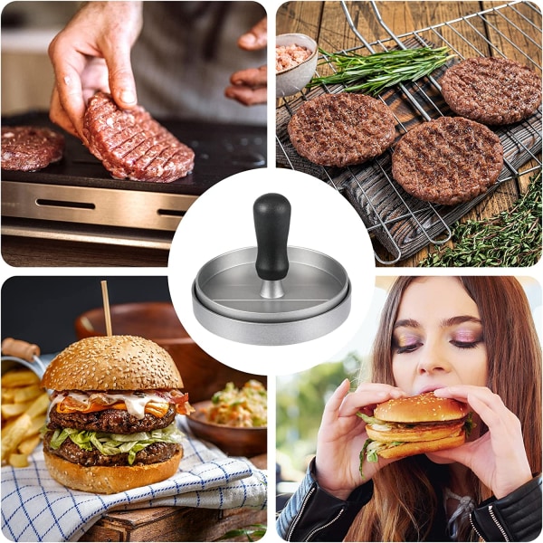 Burgerpresser og 100 stk. vokspapir non-stick patty burgerpresser til fremstilling af kvart pund eller store 1/3 pund lommeburgere, aluminium, til grill.