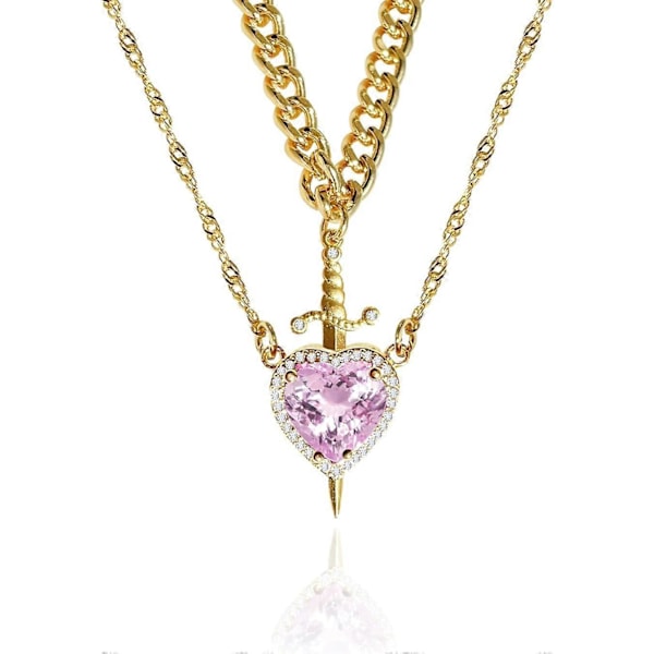 Hjerte og Sverd Par Halskjede Gull Rustfritt Stål Rosa Hjerte Zirkonia Kjede Trendy Matchende Sverd Gjennom Hjerte Halskjede Sett Romantisk Ne [DB] gold pink