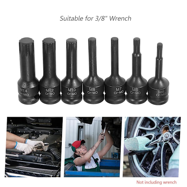 3/8-tuumainen iskuhylsysarja 7-osainen metrinen koko (5mm 6mm 7mm 8mm 10mm 12mm 14mm) XZN Triple Square Spline Bit Cr-Mo Steel Socket Set  [dB}