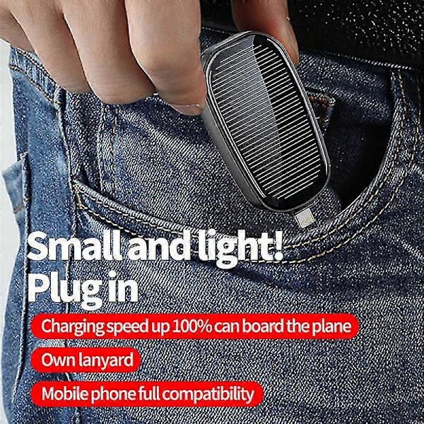 Mini aurinkovoimapankki, kannettava avaimenperä virtapankki matkapuhelimelle, 1200mAh [DB] Black For Lightning
