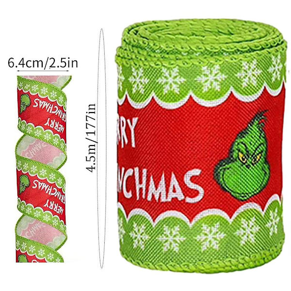 Grinch Julebånd - 4,5 m 2,5 tommer Julegave Grinchs Innpakningsbånd, Pynt til Juletre Krans Sløyfer BD B