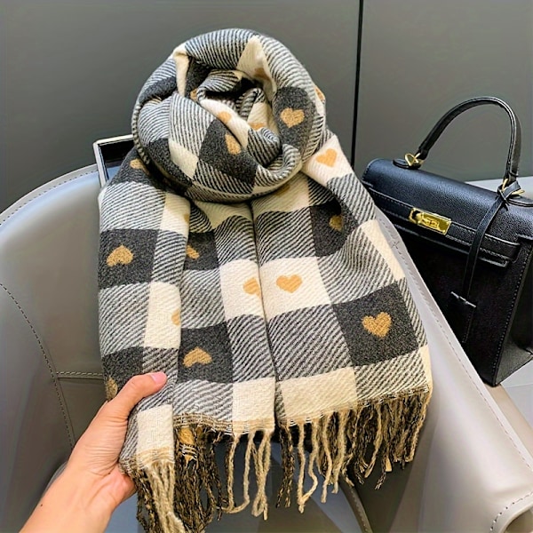 Elegant Hjertemønstret Dame Sjal - Varmt, Vindtæt Polyester Sjal til Aftendater & Fødselsdagsgaver, Perfekt Efterårs/Vinter Tilbehør db Black