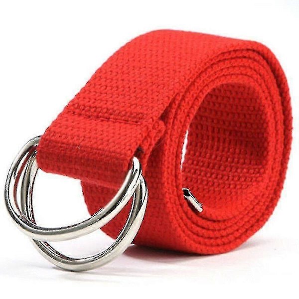 Unisex Lærredsbælte Almindelig Vævning Dobbelt D Ring Metalspænde Taljebånd db Red