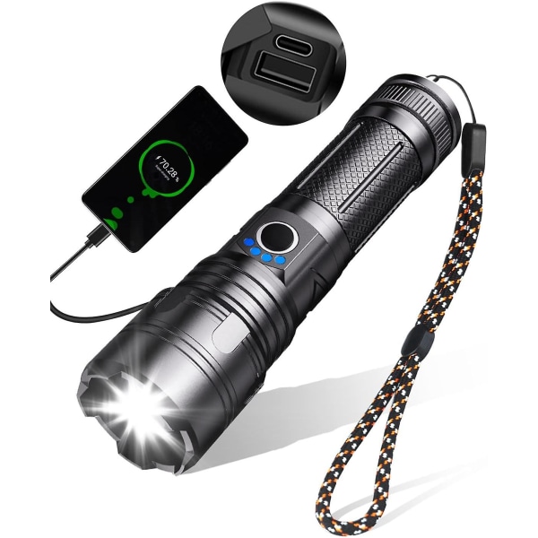 Erittäin tehokas LED-taskulamppu, 10000 lumenin ladattava taskulamppu, taktinen taskulamppu, 5 USB taskulamppua, Ipx5-vedenpitävä, zoomattava iskunkestävä