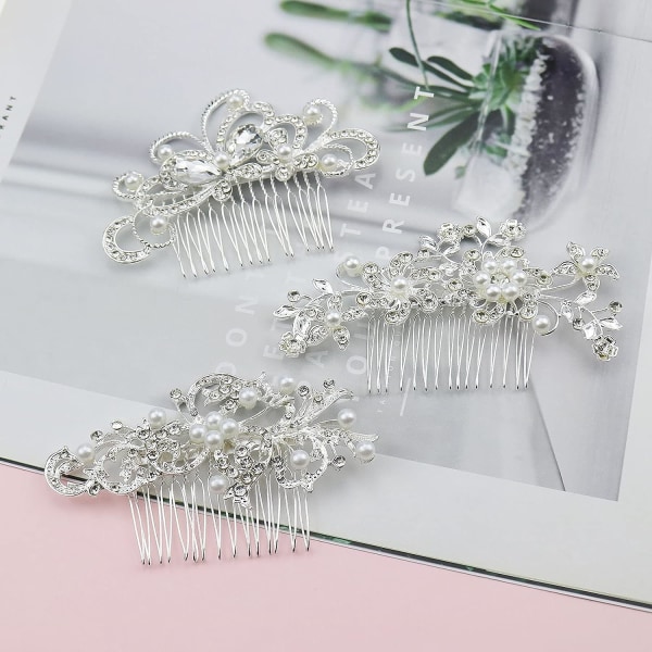 Set of 3 Bridal Wedding Barrettes Combs Pearl Hair Decorations