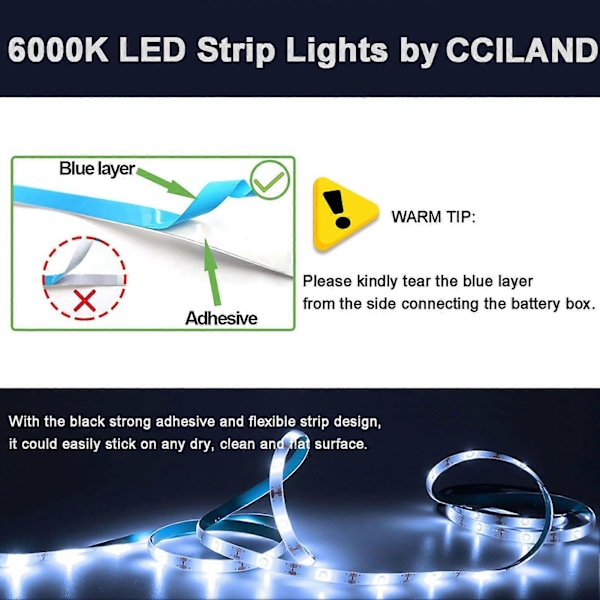 3m Batteri LED Strip Lys med Fjernbetjening, LED Lys Strip Vandtæt, 8 Modes, Dæmpbar, Timer, Selvklæbende (Kold Hvid) [DB]