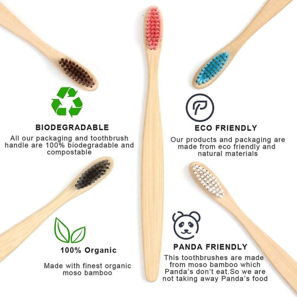 Bambu tandborstar med mjuka borstar, 10 förpackningar av ekologisk naturlig vuxen bambu mjuk tandborste för familj, resor (flerfärgad)
