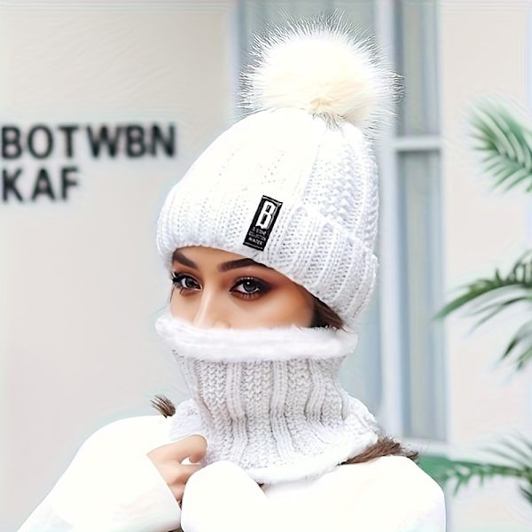 2 stk. Damer Vinter Strikket Beanie Hat med Pom Pom og Fleeceforet Halsvarmer Sæt - Perfekt til Jul Begivenheder db White One Size Fits All