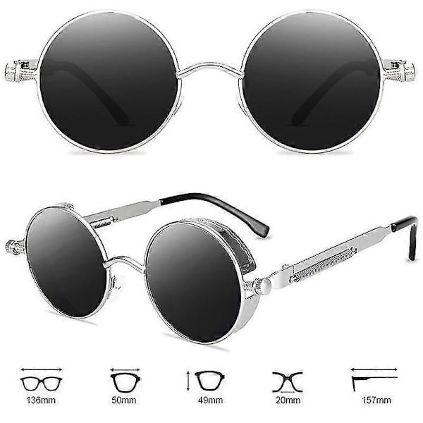 Runda Solglasögon för Män och Kvinnor - Snygga Cirkelformade Hippieglasögon db Silver Frame Grey Lenses